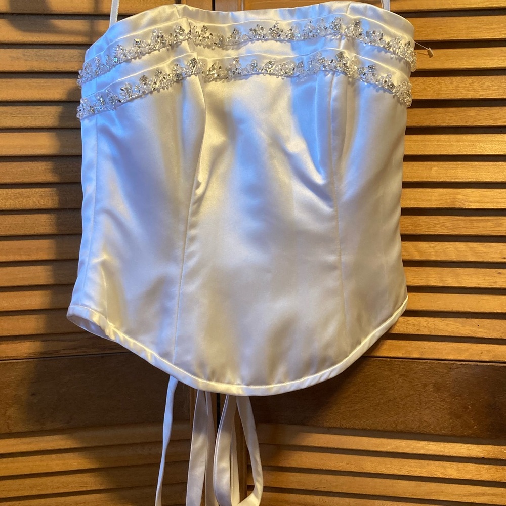 Love Illusion White Satin Strapless Bustier with Beaded Embezzlements